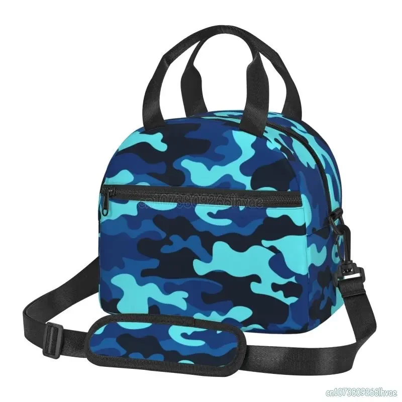 Blue Camo Camouflage Pattern Insulated Lunch Bag Reusable Thermal Leakproof Cooler Bento Tote Bags for Work School Travel Picnic