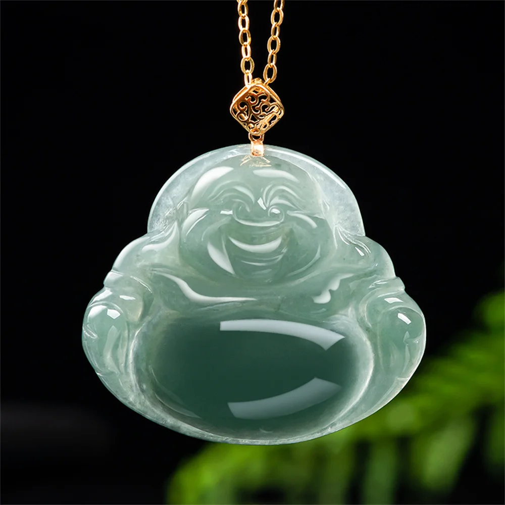 18K Gold Natural Ice Green Jadeite Carved Buddha Lucky Pendant Trendy Amulet Necklace Certificate Luxury Jade Charming Jewelry