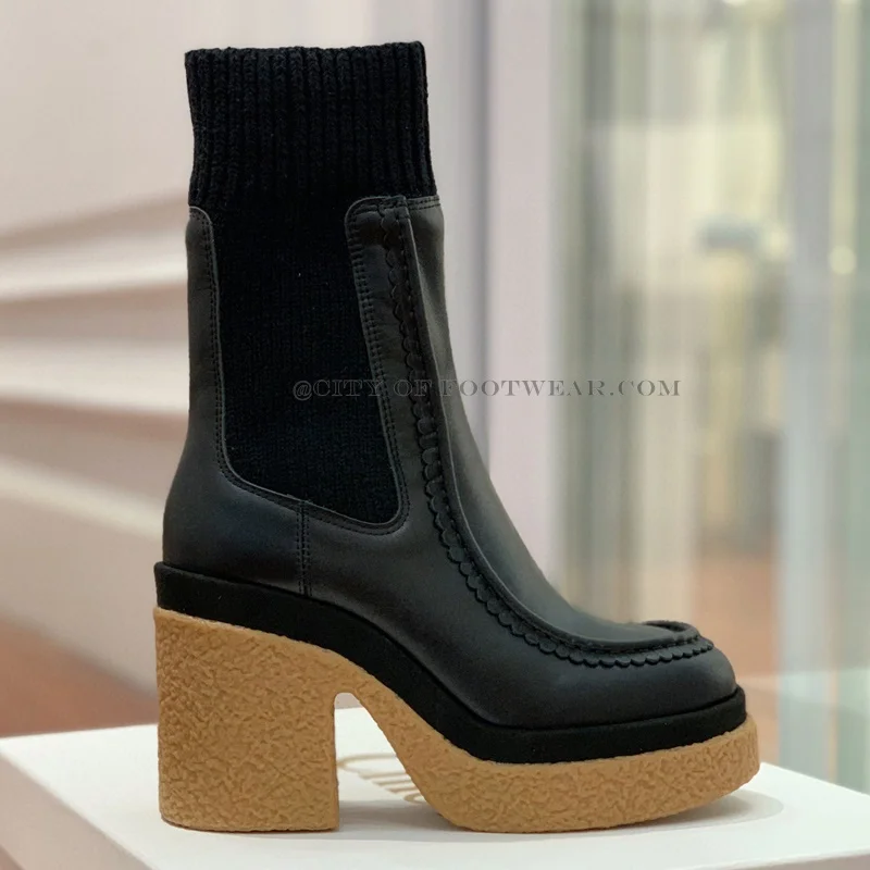 Soft Block Heel Sock Boots Women Real Leather Top Quality 10CM High Heels Booties Luxury Designer Comfy Causal Dress Shoes 2023