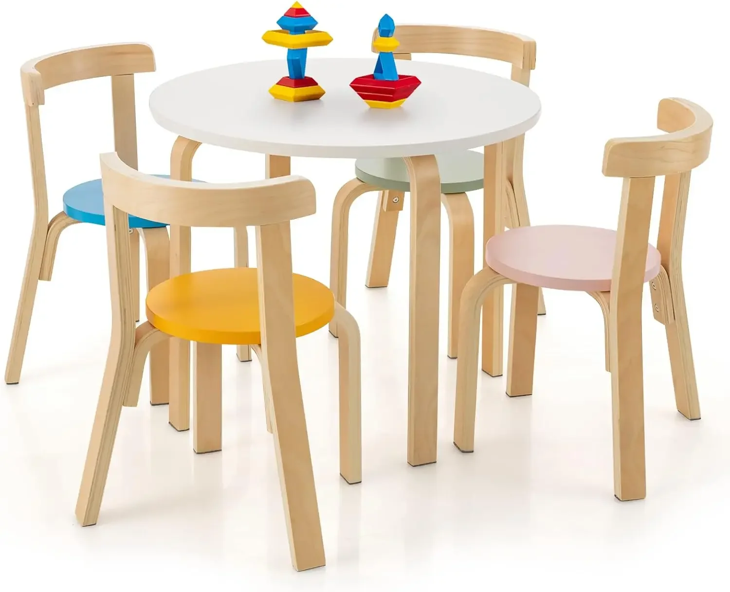 Kids Table and Chair Set, 5-Piece Wooden Activity Table w/ 4 Chairs, Toy Bricks, Classroom Playroom Daycare Furniture