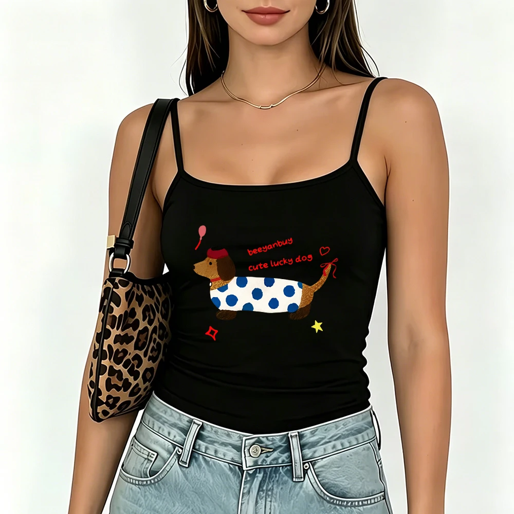 Cute Lucky Dog Graphic Cami Top Lovely Dachshund Camisole Spaghetti Strap Sleeveless Summer Tank Tops for Women