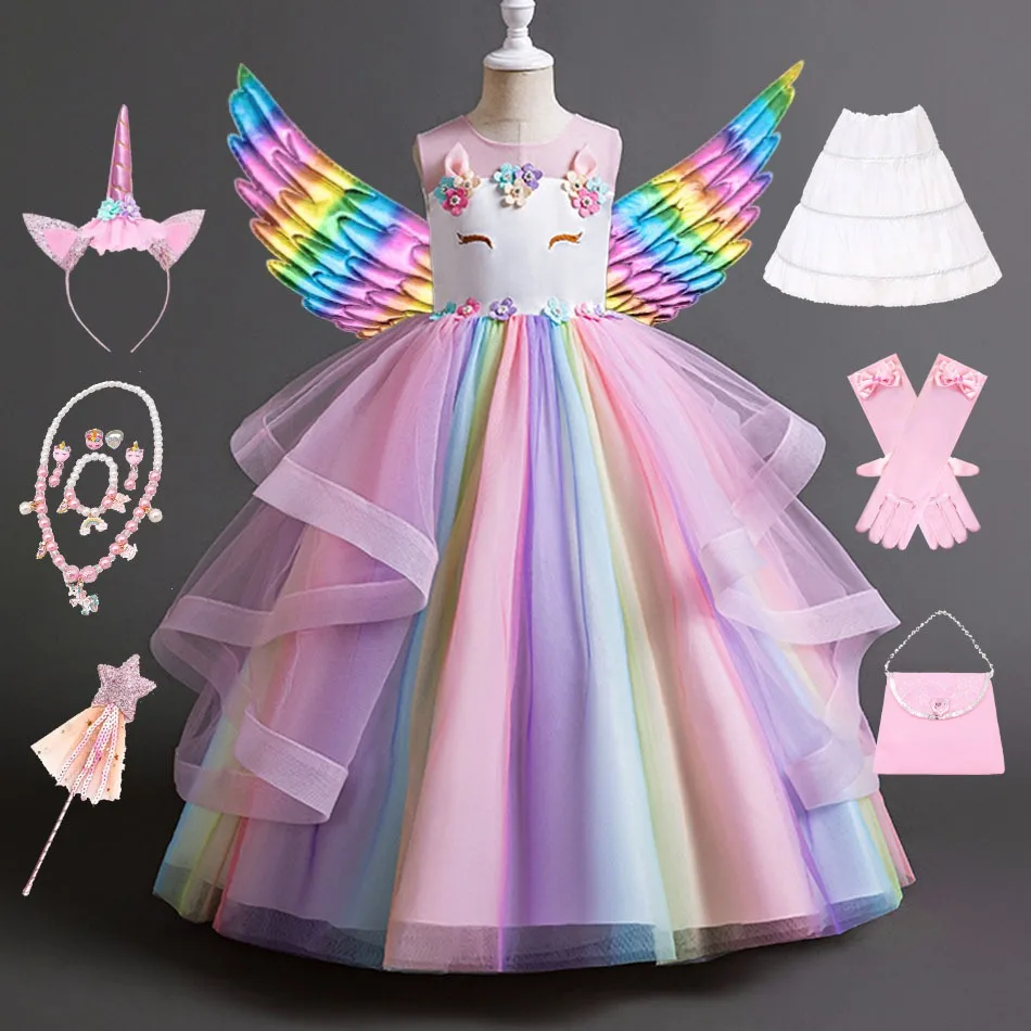 Luxury Girls Fluffy Rainbow Tulle Tiered Unicorn Princess Dress Formal Children's Birthday Party Graduation Communion Dresses