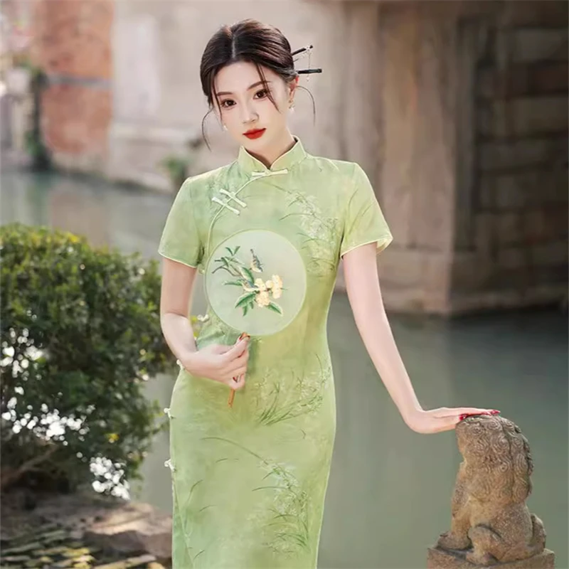 

Chinese Traditional Clothing Retro Cheongsam Green Print Costume Stand Collar Short Sleeved Side Slit Slim Fit Dress for Women