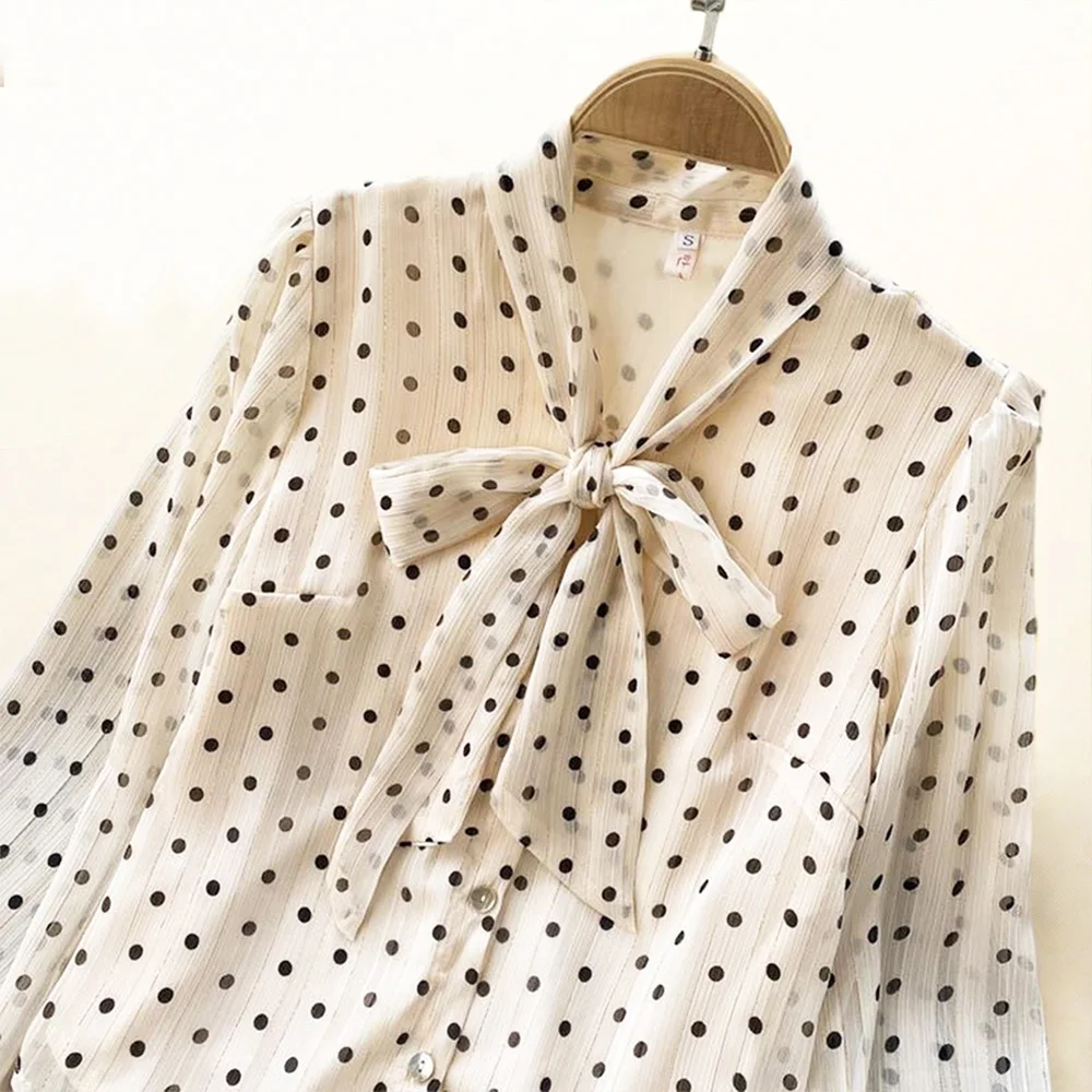 Cream Polka Dot Bow Neck Elegant Chiffon Long Sleeve Loose Women\'s Blouse Shirt Female Clothing Tops Women Clothing Fashion 2024