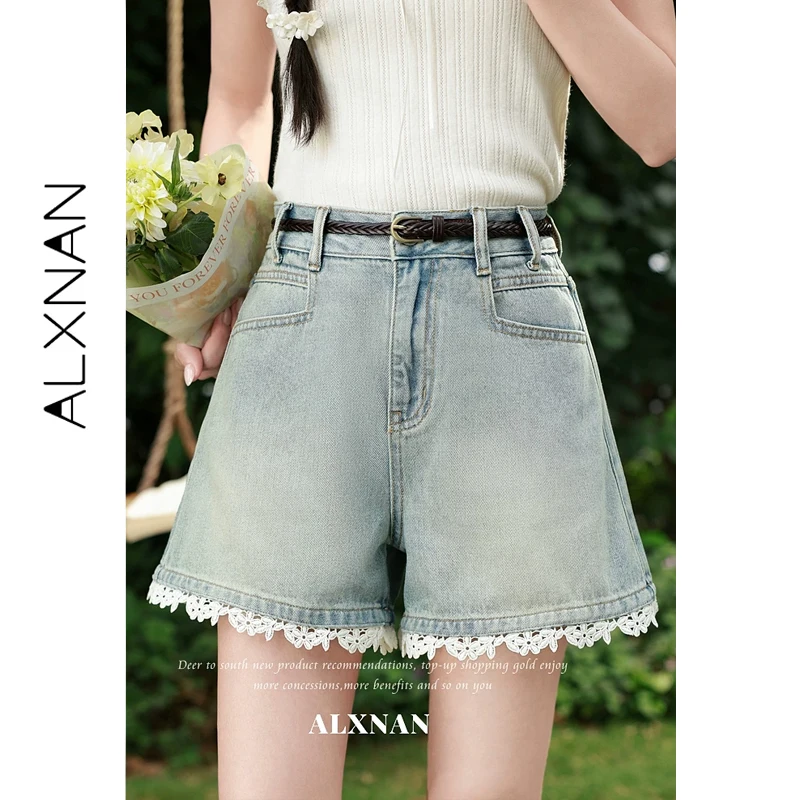

ALXNAN Blue Lace Trim Denim Shorts Women Summer New Slim-fit Wide Leg Short Pants 2026 Elegant Holiday Beach Short Jeans L65202