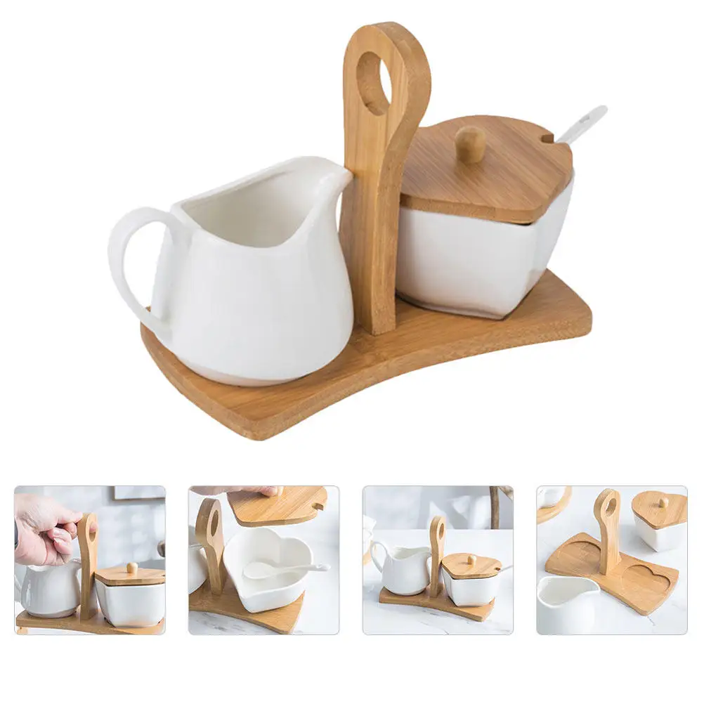 Juego de 1 pieza de azucarera de cerámica y recipiente para leche, elegante y sencillo, con bandeja para condimentos de cocina y cuchara, recipiente de almacenamiento de porcelana de alta gama