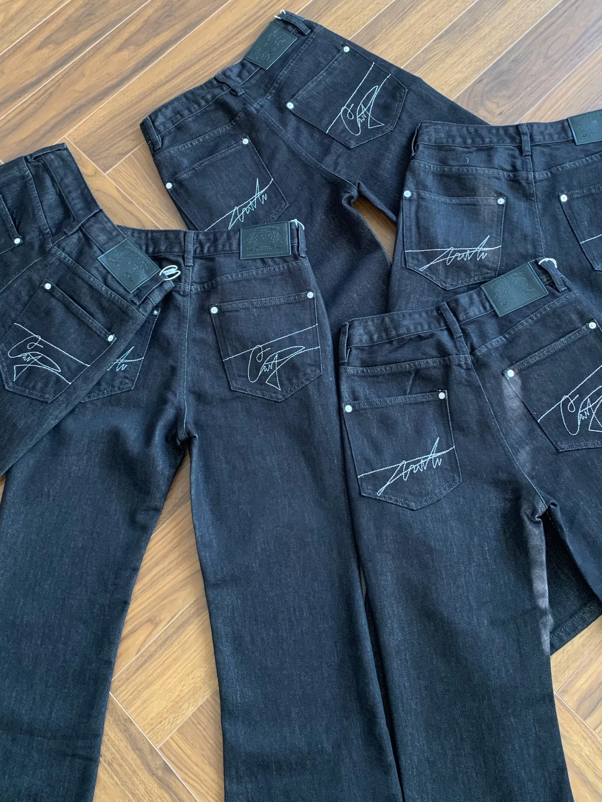 

Retro American High Street Distressed Black Original Denim Letter Embroidery Special Mix Flared Versatile Men's Jeans Trendy