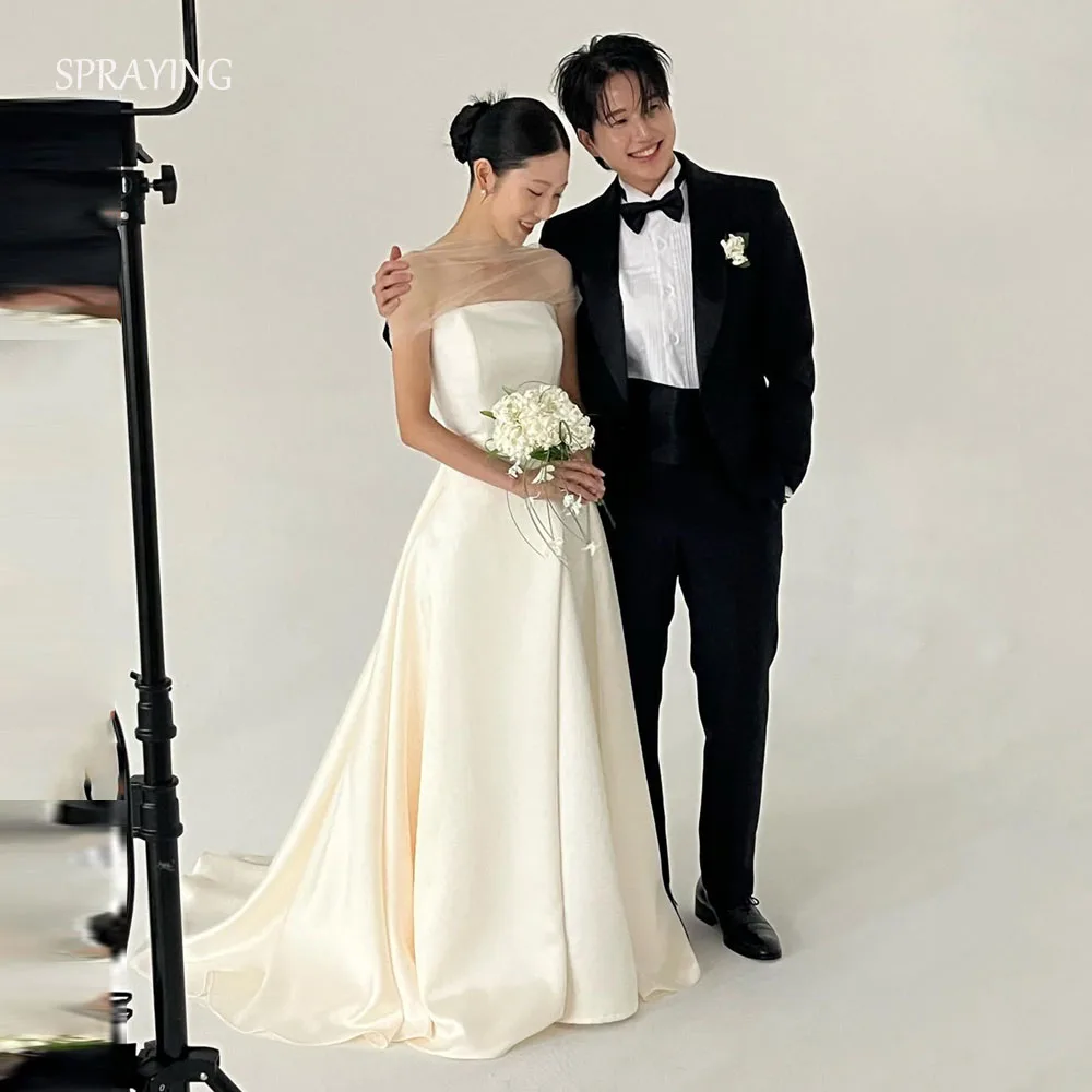 

SPRAYING Elegant Beige A line Long Wedding Dresses Korea Photo Shoot Strapless Satin Bridal Gowns Corset Customized 웨딩드레스