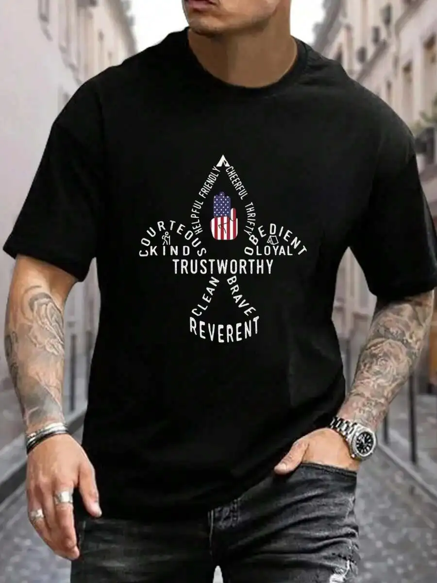 100% Cotton America Flag Scouting Law T-Shirt Women's Men's Black Vacation Crew Neck Short Sleeve Classic Fit Holiday T-Shirt Su