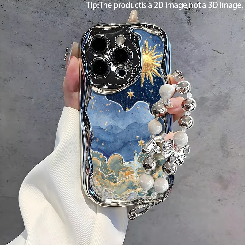 Funda para Teléfono con Diseño de Cielo Estrellado 2D, Irregular y Plateada, con Brazalete para iPhone 17/16/15/14/13/12/11/PLUS/PROMAX, Regalo Moderno para un Amigo