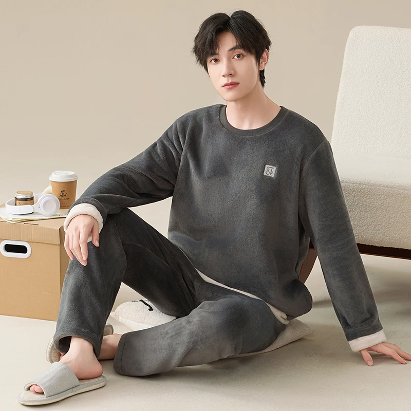 

Newest Winter Thick Warm Flannel Pajamas Set Men's Coral Fleece Pijama Hombre