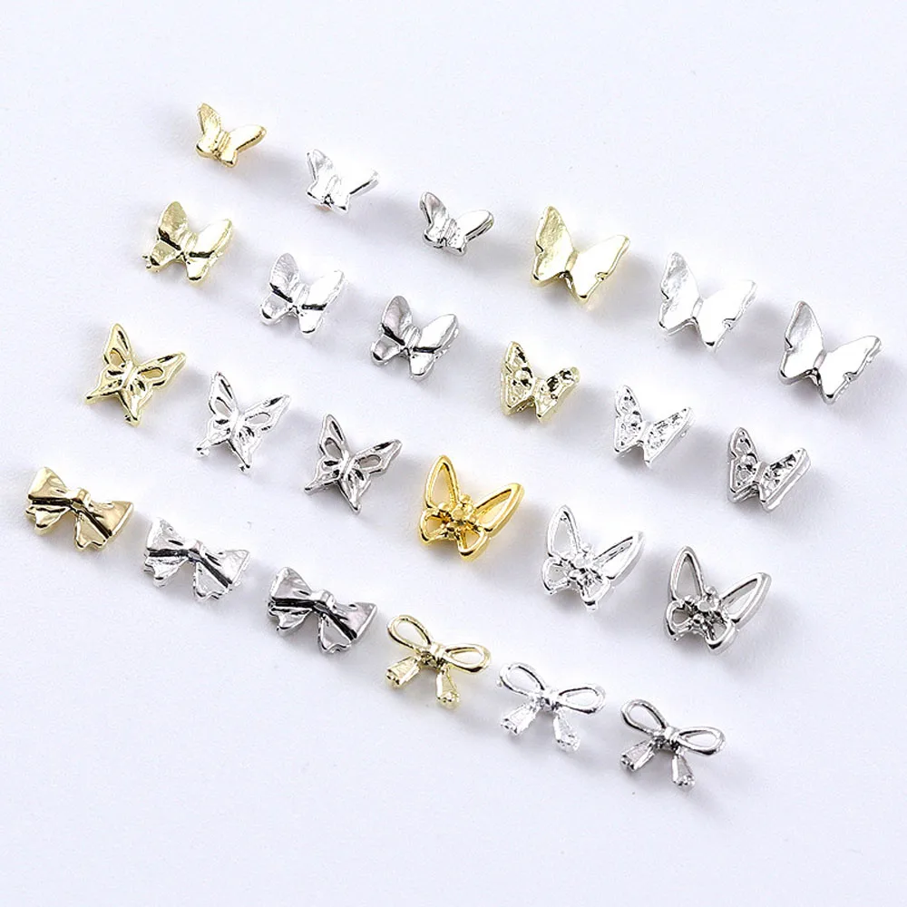 10Pcs/lot 3D Butterfly Gold Silver Nail Charms Alloy Gems Mini Rivets Decoration Manicure Bow Tie Nail Supplies Accessories