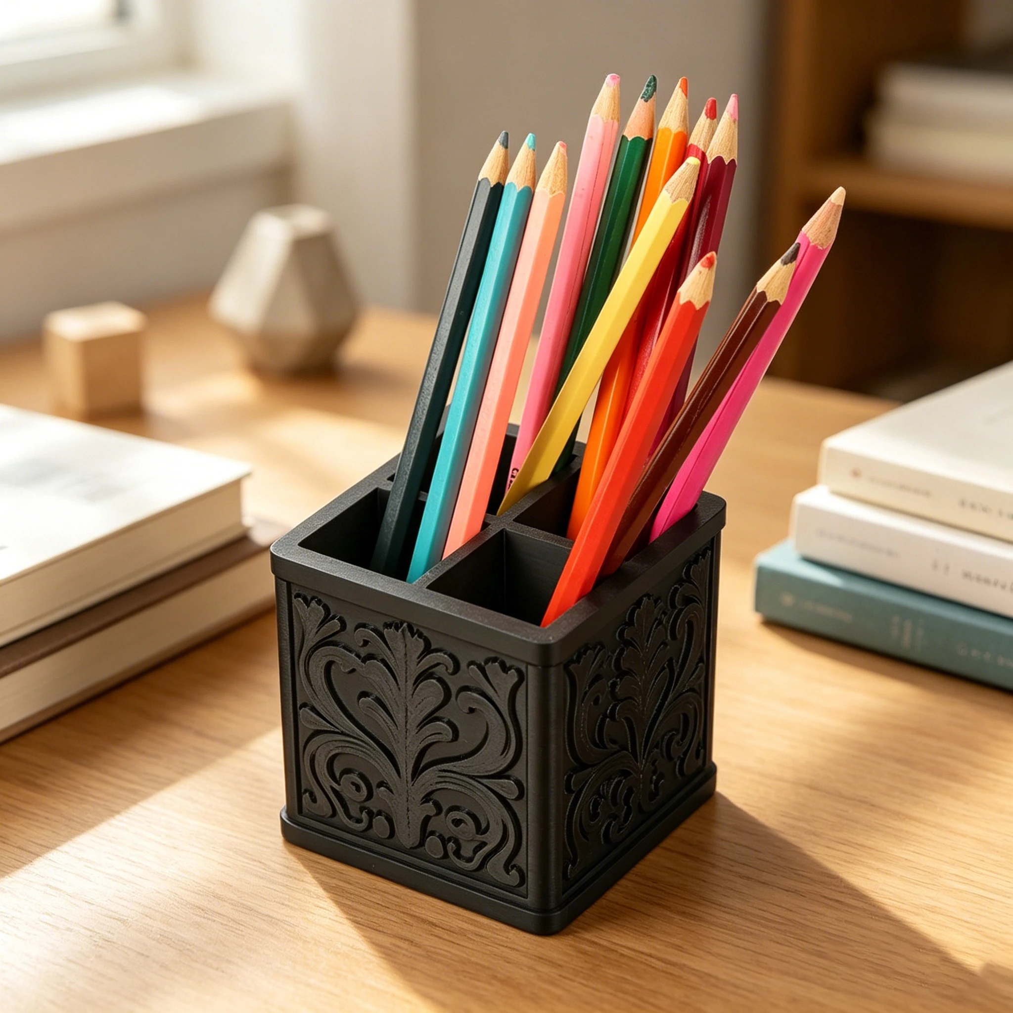 Cross-Border Dark Retro Pattern Embossed Four-Compartment Pen Holder For Gothic Desktop Stationery and Makeup Brush Storage Scen