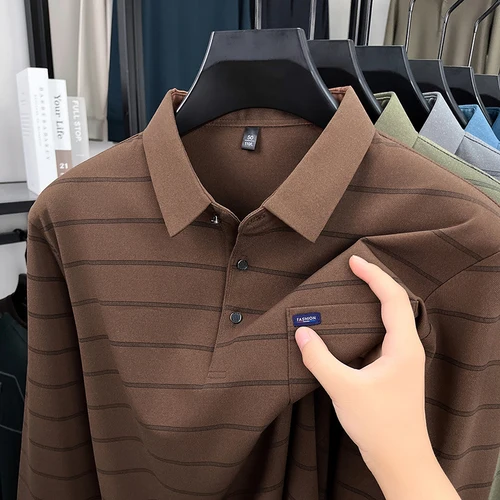 Imagen 2 del producto 2025 Top de manga larga para hombre con cuello de primavera y otoño, jersey a rayas con bolsillos sueltos, polo