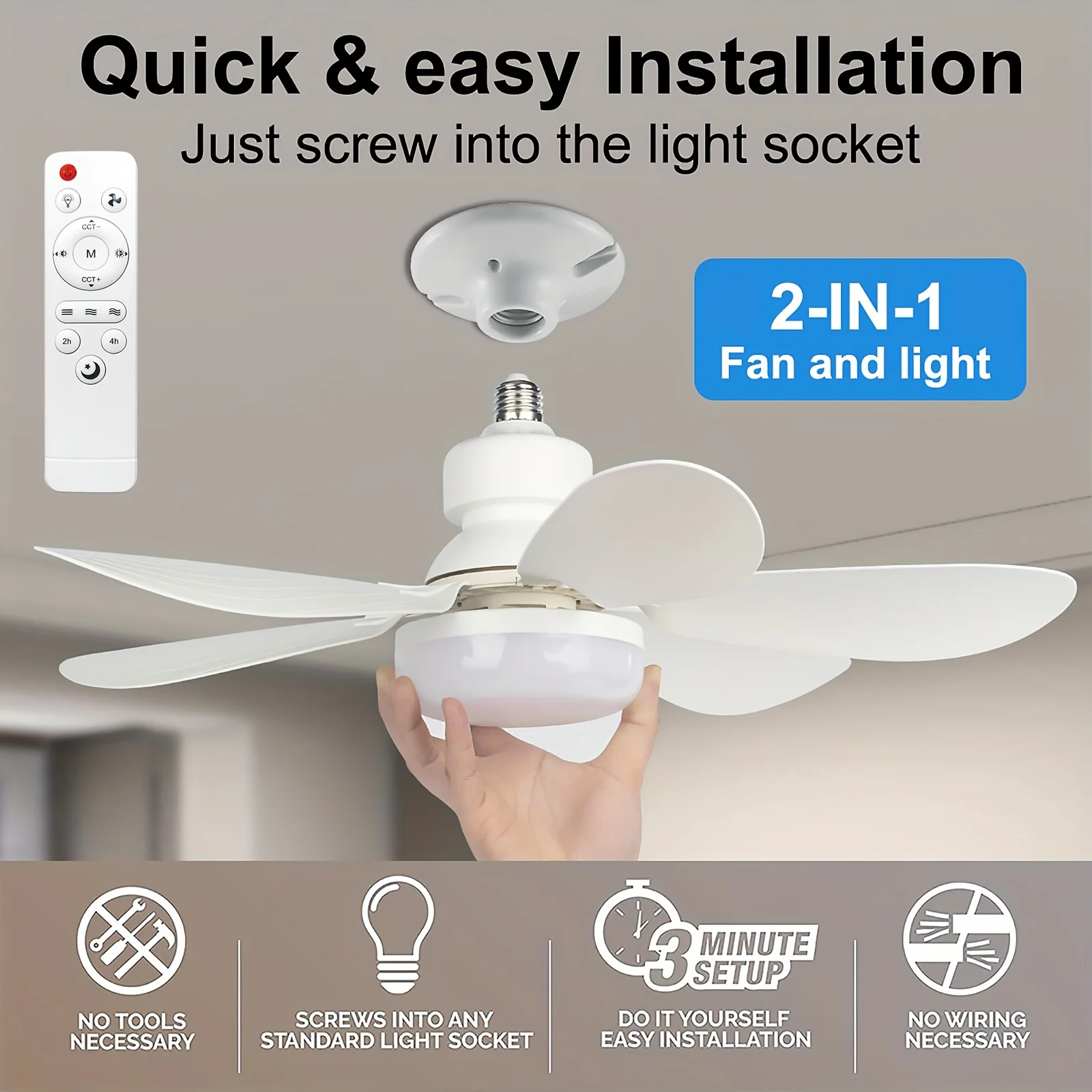 40W LED Ceiling Fan Light Remote 3 Speed Silent 3 Color Dimmable Tool Free Install For Bedroom Living Room Kitchen Garage Office