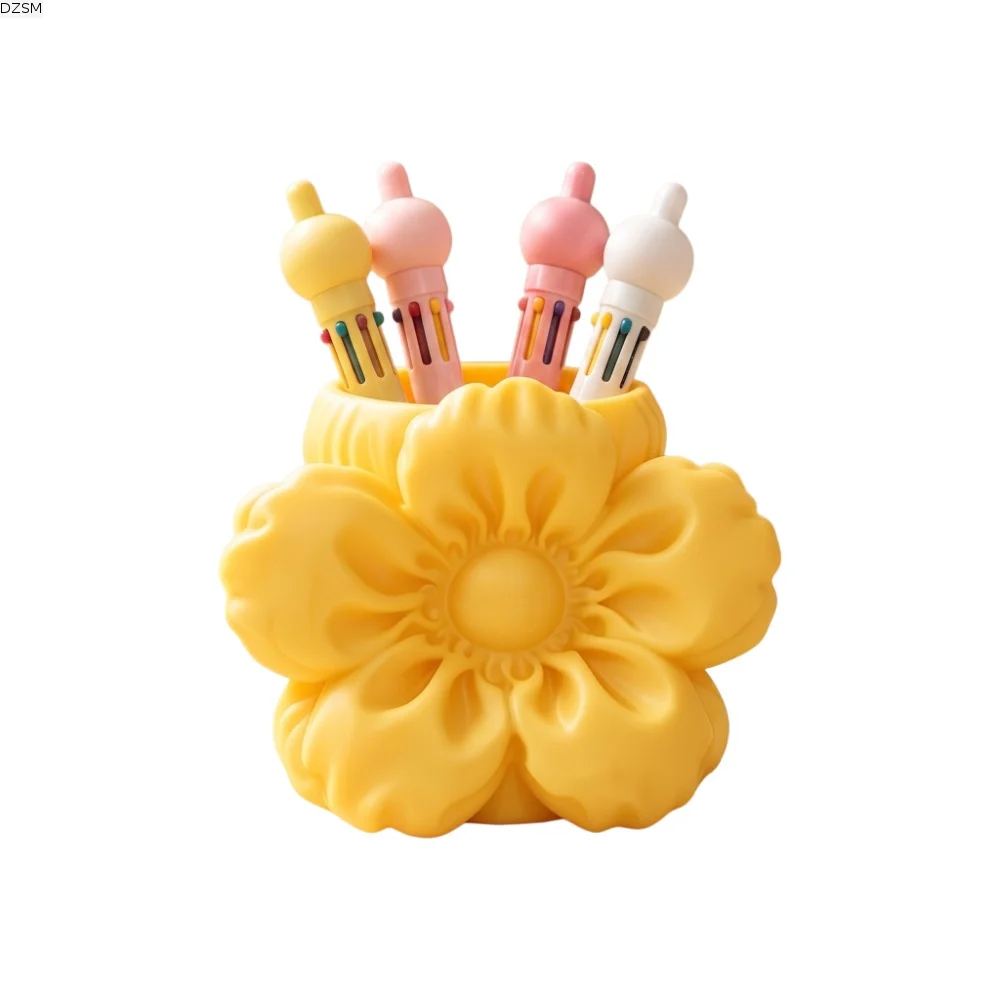 Desktop Organizer Puff Flower Pen Holder Makeup Brush Bin Pencil Rack Cherry Blossom Ornament Pen Container Stationery Storage