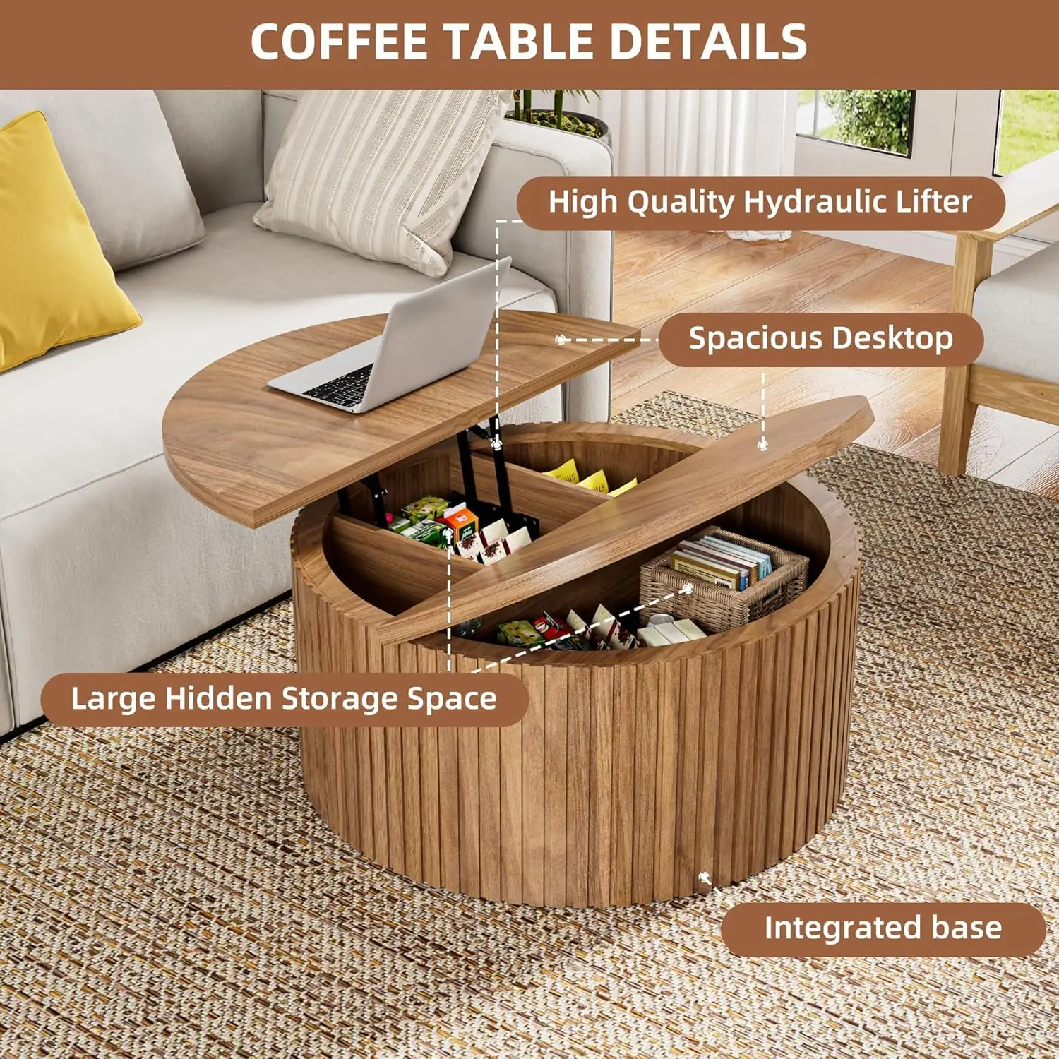 숨겨진 수납 공간이 있는 라운드 리프트 탑 커피 테이블, 거실용 31.6인치 모던 커피 테이블, 원형 목재 플루티드