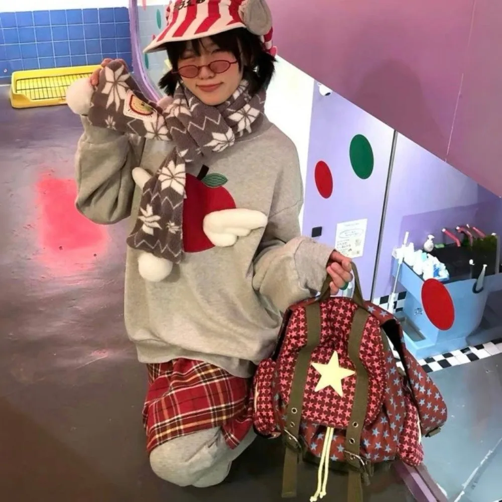 Zaino Lucky Star carino di grande capacità Zaino stile coreano Y2K con coulisse Borsa da campeggio per escursionismo multitasche in nylon Studenti