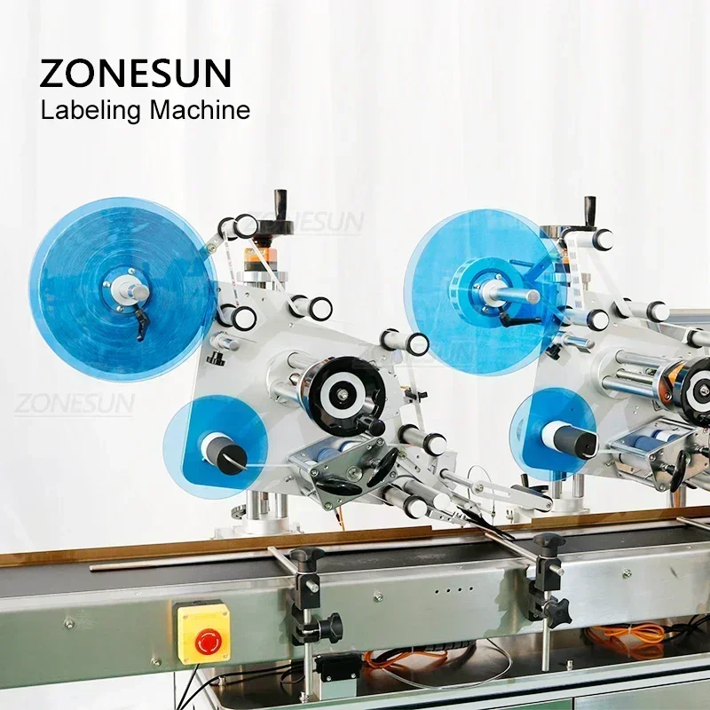 ZONESUN ZS-TB831B Double Heads Automatic Flat Surface Labeling Machine Mylar Bag Card Carton Box Sticker Labeler Applicator 60pm