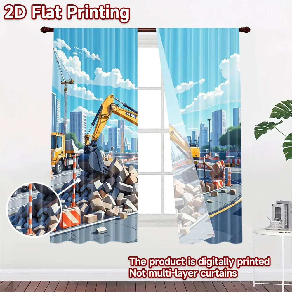 2D flat 2pcs Curtain French Romantic Style City Road Excavator Digitally printed polyester, colorfast Family Party Decoration