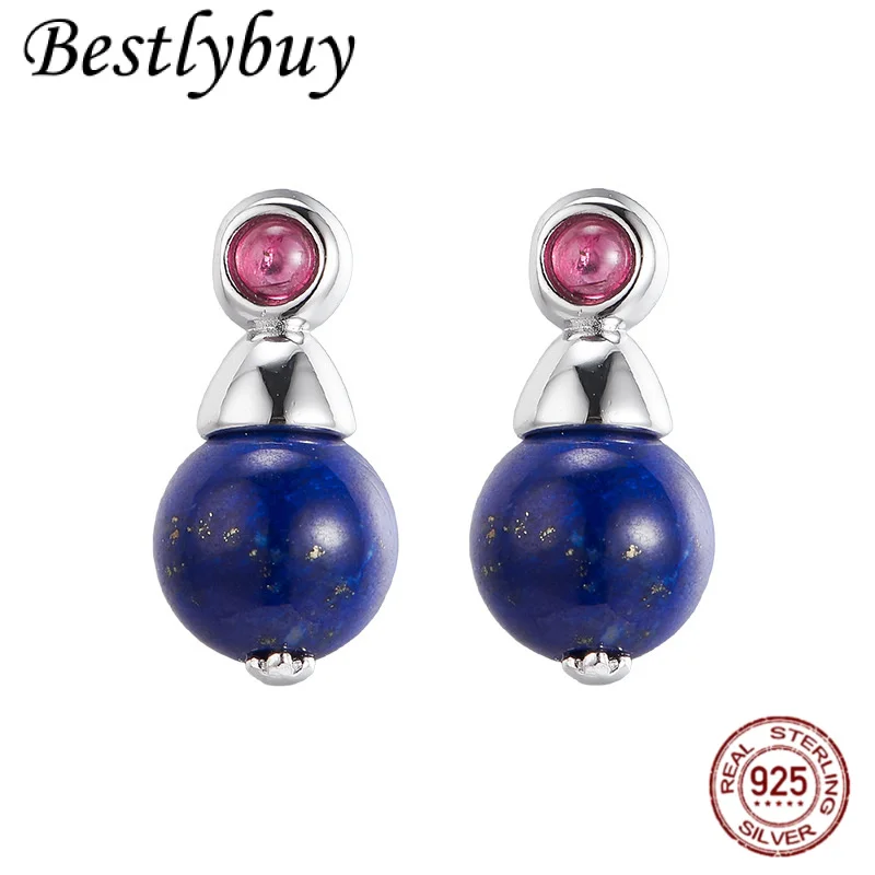 

New 925 Sterling Silver Natural Lapis Lazuli Earrings For Women Retro Original Design Fashionable Luxury High-end French jewelry