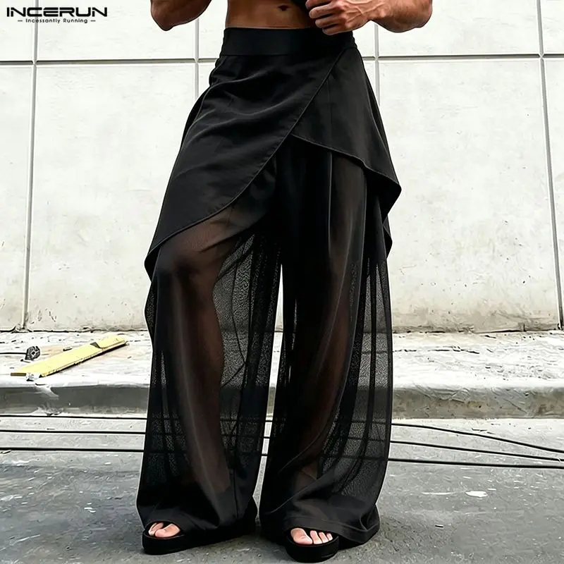 INCERUN Herrenhose Mesh Patchwork Weite Beinhose für Männer Streetwear Locker Durchsichtig 2026 Mode Unregelmäßige Hose Pantalones