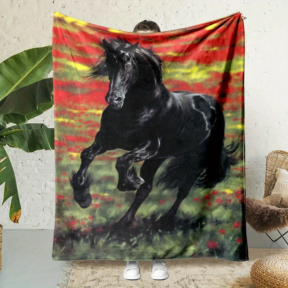 Black Stallion Galloping Pattern Flannel Throw Blanket - Reversible All-Season Non- Digital Print Polyester, Country-Rustic Styl
