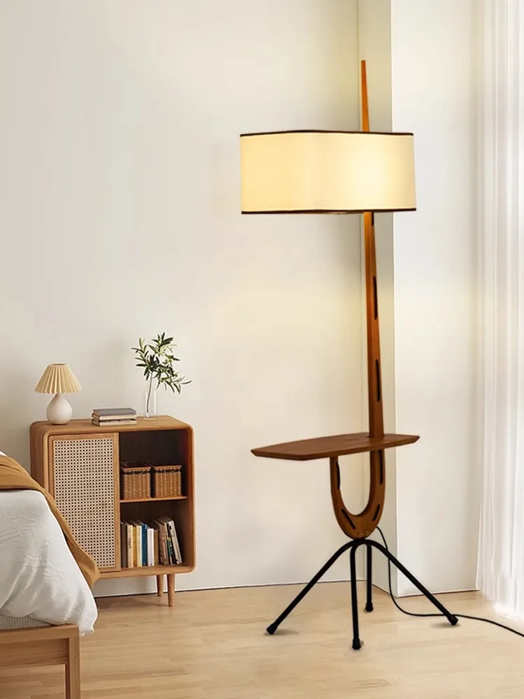 Medieval floor lamp, Japanese walnut wood designer, living room, Chinese Zen style with shelves on the ground