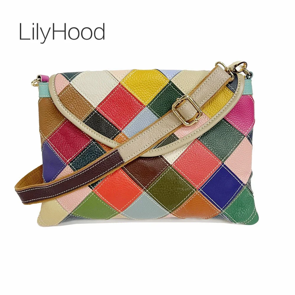 

Female 80s Fashion Vintage Genuine Leather Patchwork Multi Colors Envelope Clutch Bag Retro Diamonds Small Flap Side Sling Bag