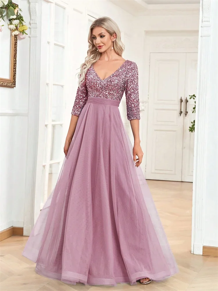Luxury Sequin V-Neck Evening Dress Women Elegant Tulle Party Maxi Dress Short Sleeves Prom Floor Length Graduation Cocktail Gown