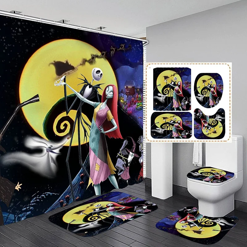 4pcs Nightmare Before Christmas Zombie Bride Jack Waterproof Shower Curtain Bathroom Halloween Decor with Hooks Kawaii Kids Gift