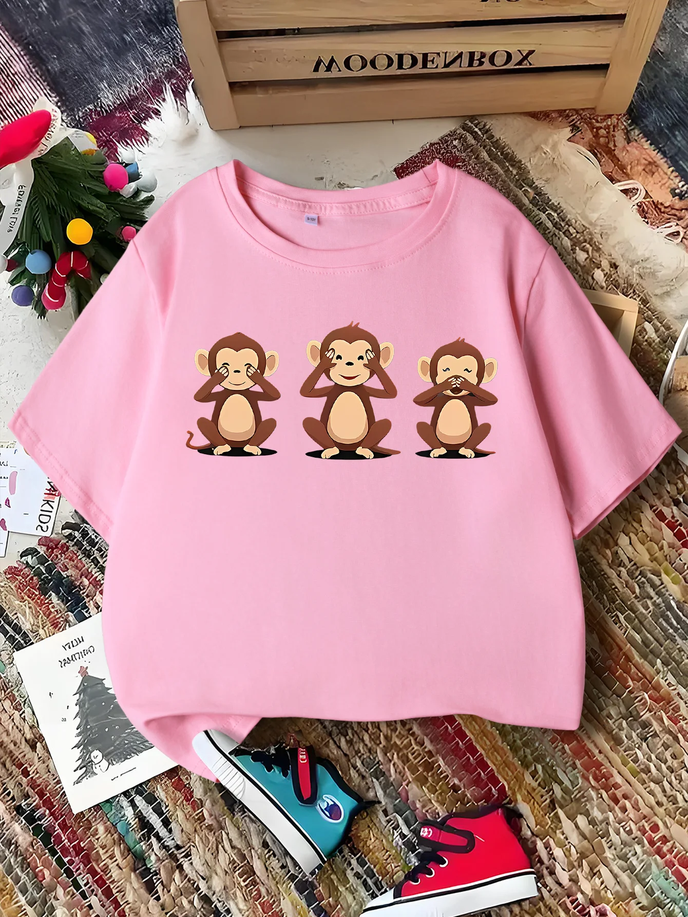 Cute Three Wise Monkeys Cartoon Print Graphic Kids Tee Boys Girls Family Matching Cotton Crew Neck Short Sleeve Soft Summer Tee
