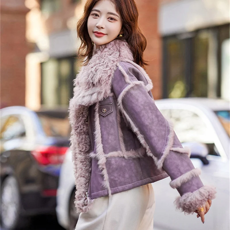 2026 Double-faced Suede Rabbit Fur Coat Women's Wool-neck Short Jacket Autumn Winter Spliced Zip-up Loose Streetwear Outerwear