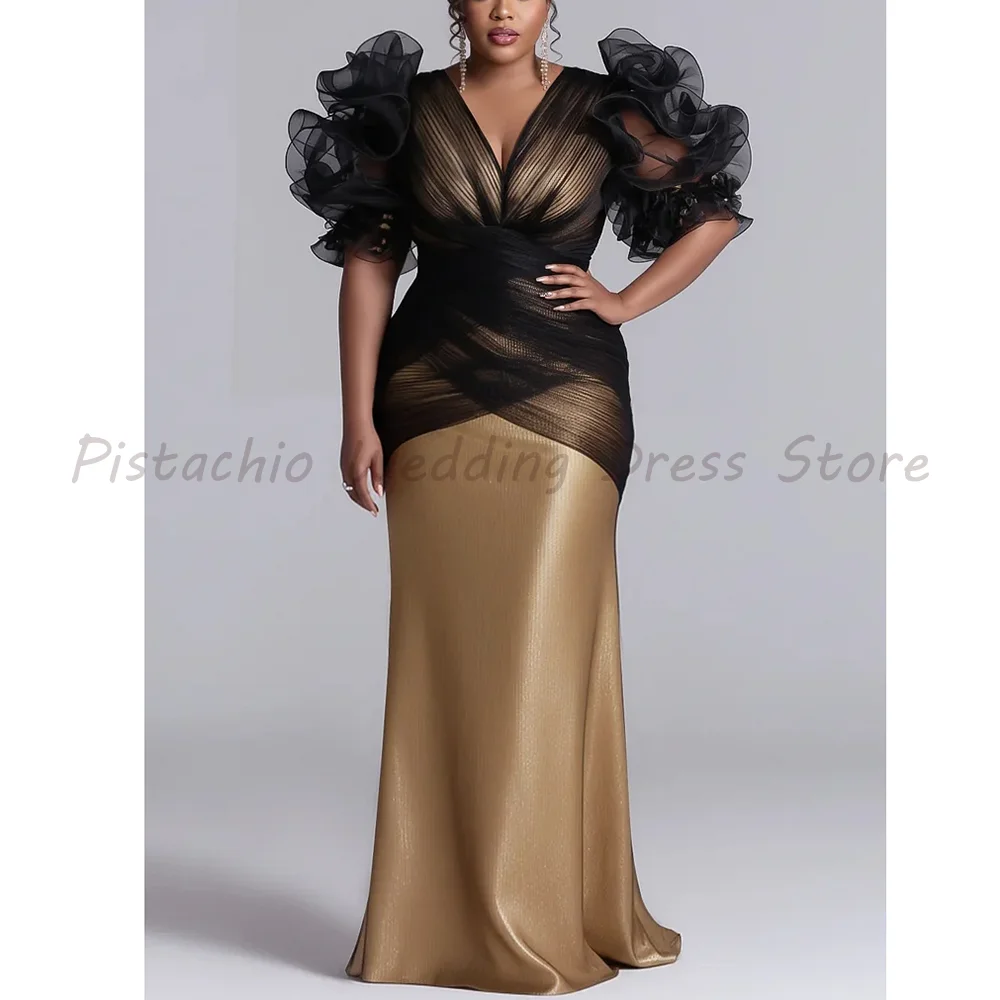 

Plus Size Black and Gold Mermaid Evening Dress Luxury Ruffle Puff Sleeve Mesh Formal Prom Gown for Women