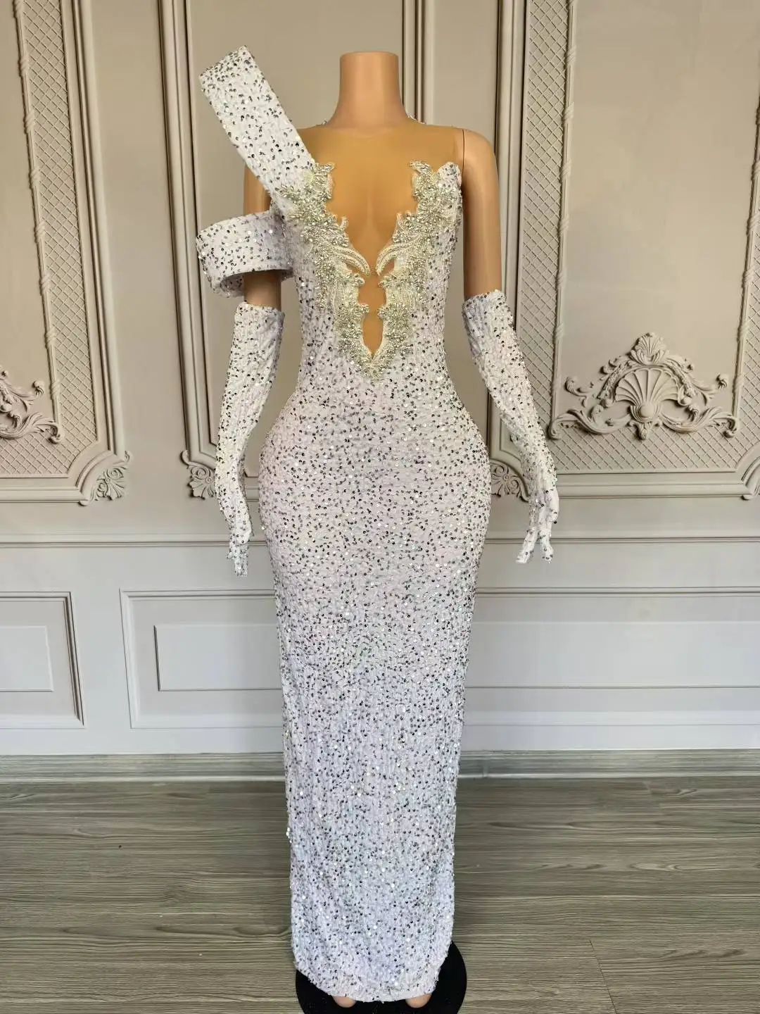 Damskie błyszczące, ręcznie robione sukienki klubowe Białe cekiny Kryształowe luksusowe suknie wieczorowe Damskie stroje sceniczne na przyjęcie urodzinowe