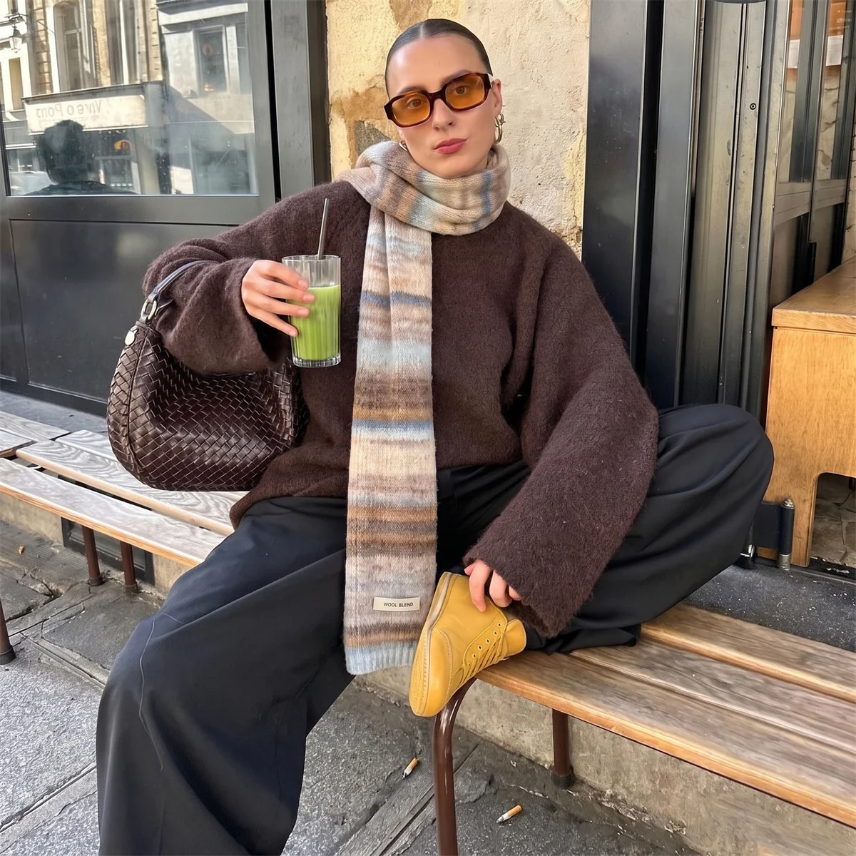 Y2K Gradient Striped Knitted Scarf for Women Wool Blend Tag Soft Cozy Long Slim Neck Wrap Fashion Winter Outdoor Street Neckwear