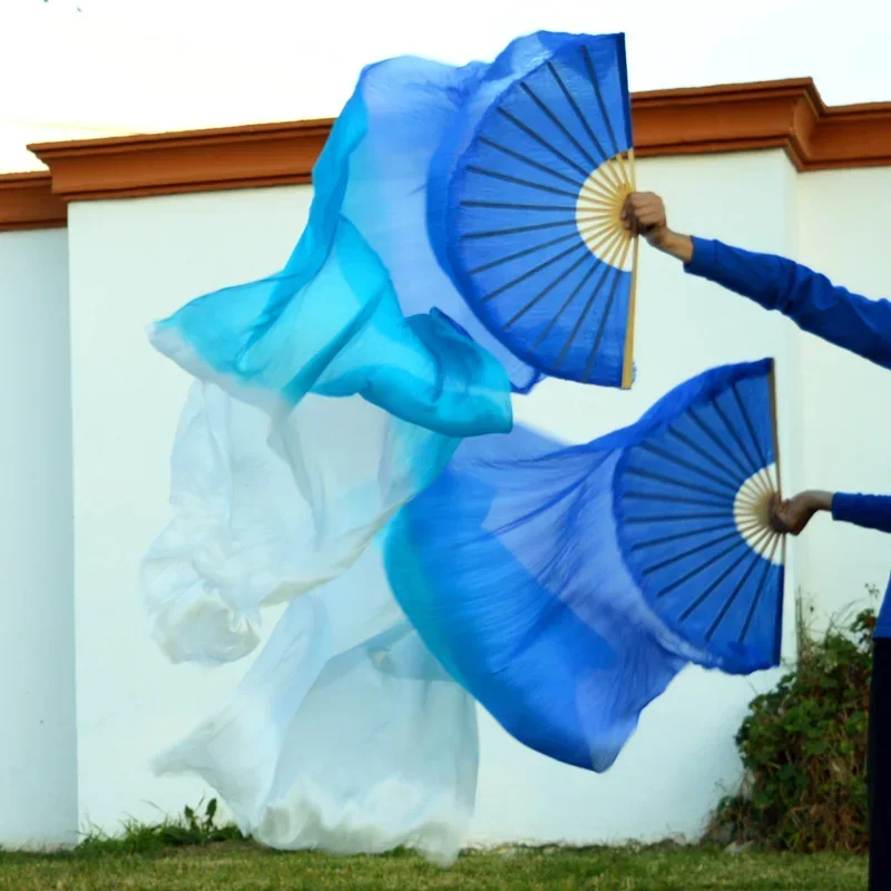 عالية الجودة الحرير الرقص الشرقي مروحة 1 زوج من الراقصات الصينية المصبوغة يدويا ممارسة خيوط طويلة مروحة الرقص الدعائم التدرج اللون