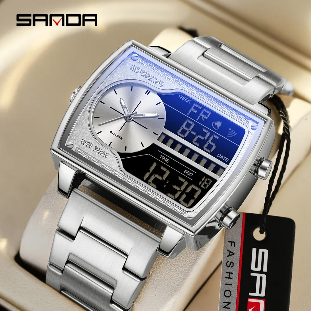 Fashion Sanda 6163 Luxury Men's Quartz Square Full Stainless Steel Countdown Sports Waterproof Dual Display Led Digital Watches