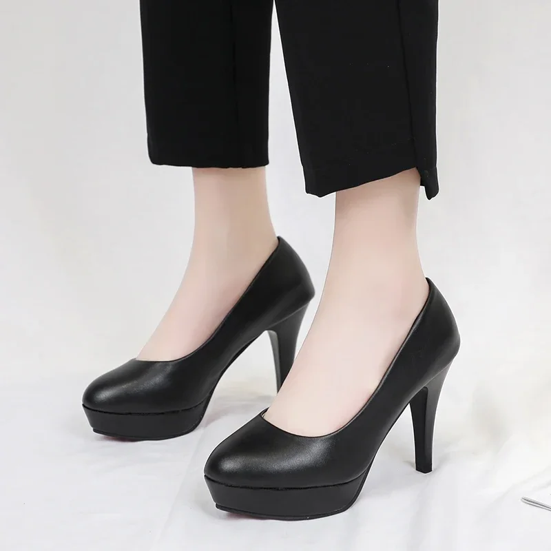 High heels for women, slim heels for versatile girls, round toe waterproof platform, etiquette black formal professional shoes