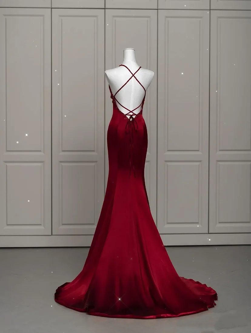 Wine Red Prom Dress Sexy V-neck Ribbon Lace Up Beading Mermaid Backless Zipper Satin Enegagement Fashion Robe Formal Gowns 2024