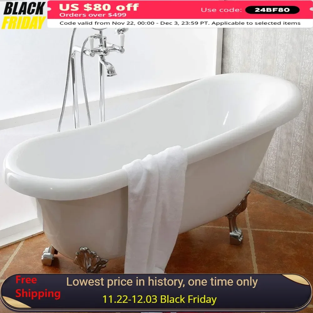 Bathtubs,Acrylic Freestanding Bathtub,Free Standing ClawfootTub, Soaking Tub with Integrated Slotted Overflow,Anti-slip Bathtubs