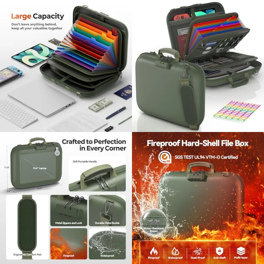 

Fireproof Document Box with Lock and Shoulder Strap, Hard-Shell Fireproof File Organizer with 13 Pocket Accordion File Folder,