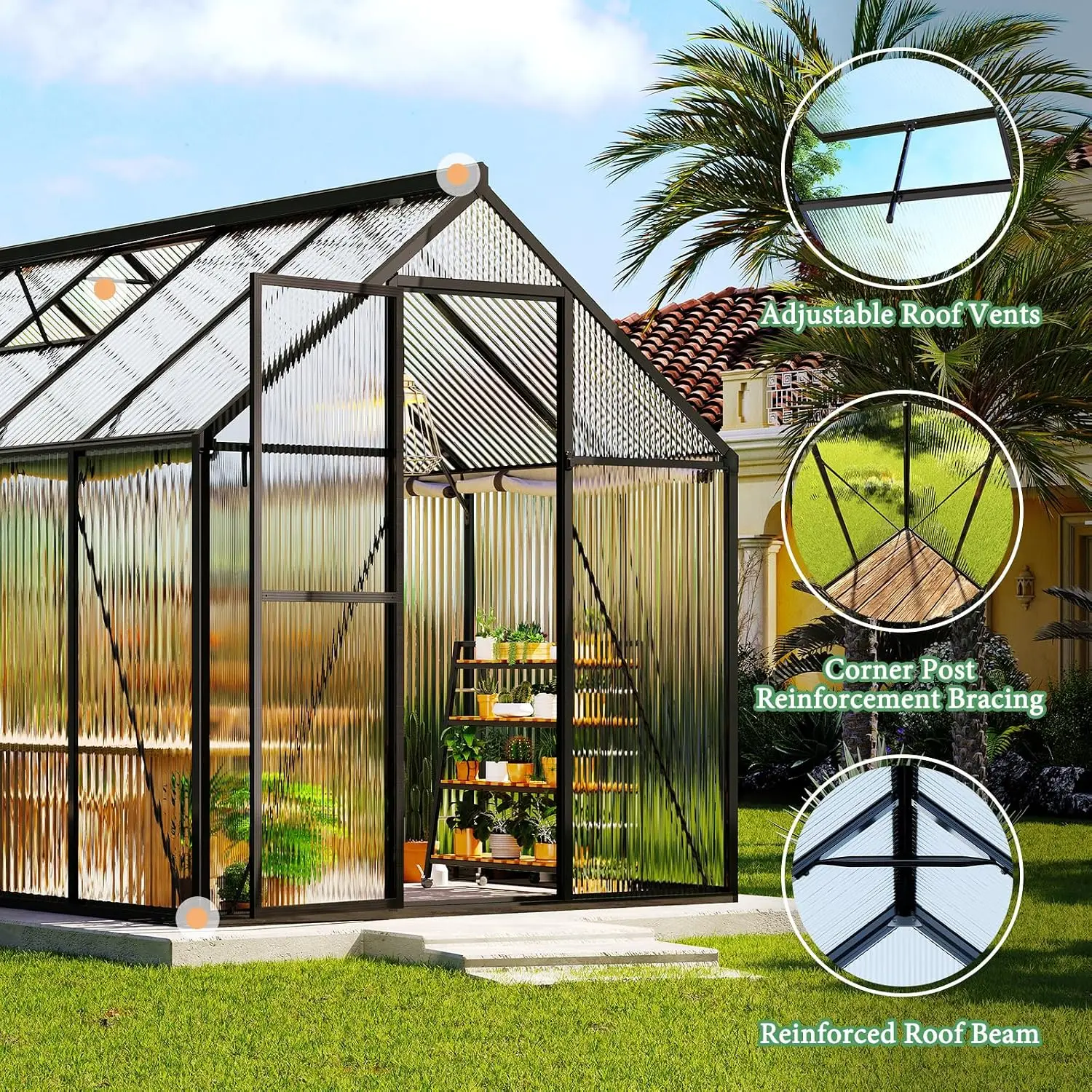 6x16 FT Walk-in Polycarbonate Greenhouse with 2 Top Windows