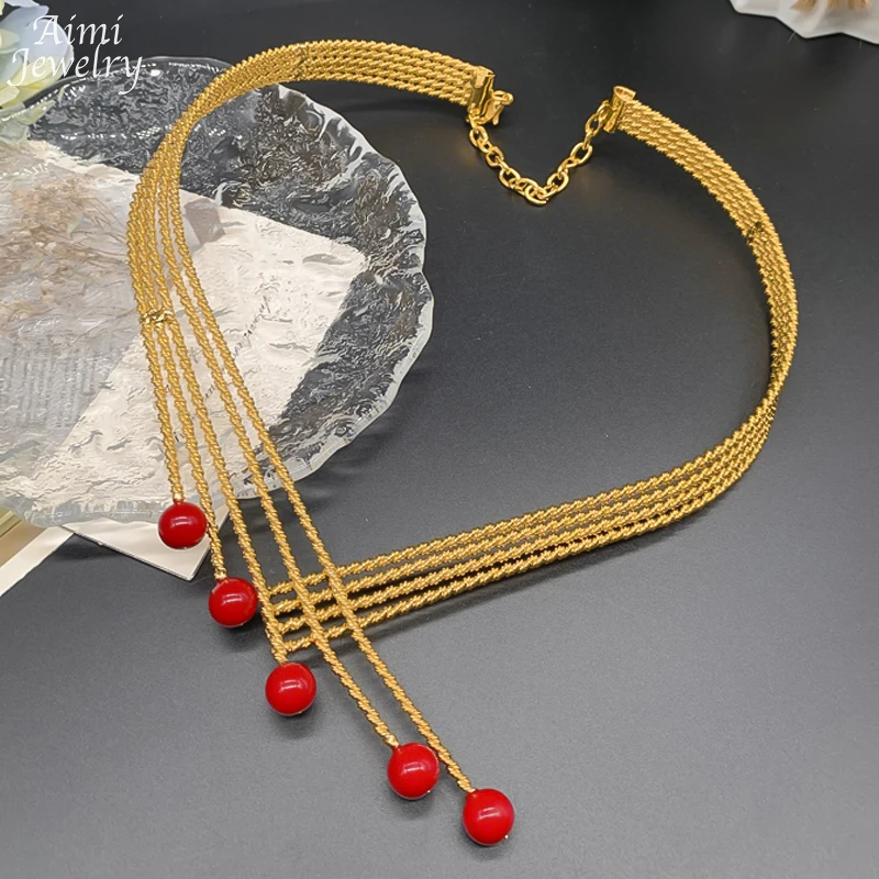 Big Size Red Beads 18K Gold Plated Jewelry Set Chunky Choker Necklace Earring Bracelet Ring African Bridal Wedding Party Gifts