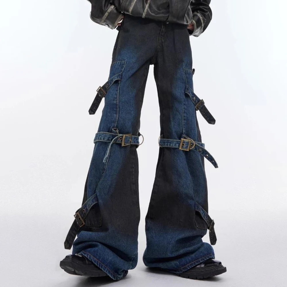 Męskie rozszerzane jeansy sznurowane w stylu deconstructed, amerykańska moda retro, streetwear, hip-hop, luźne, niszowe, nowe męskie spodnie na lato.