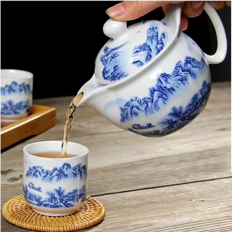 Jingdezhen-Ceramic Teapot with Stainless Steel Filter, Large Capacity Household Pot, Blue and White Porcelain Teaware, 400ml