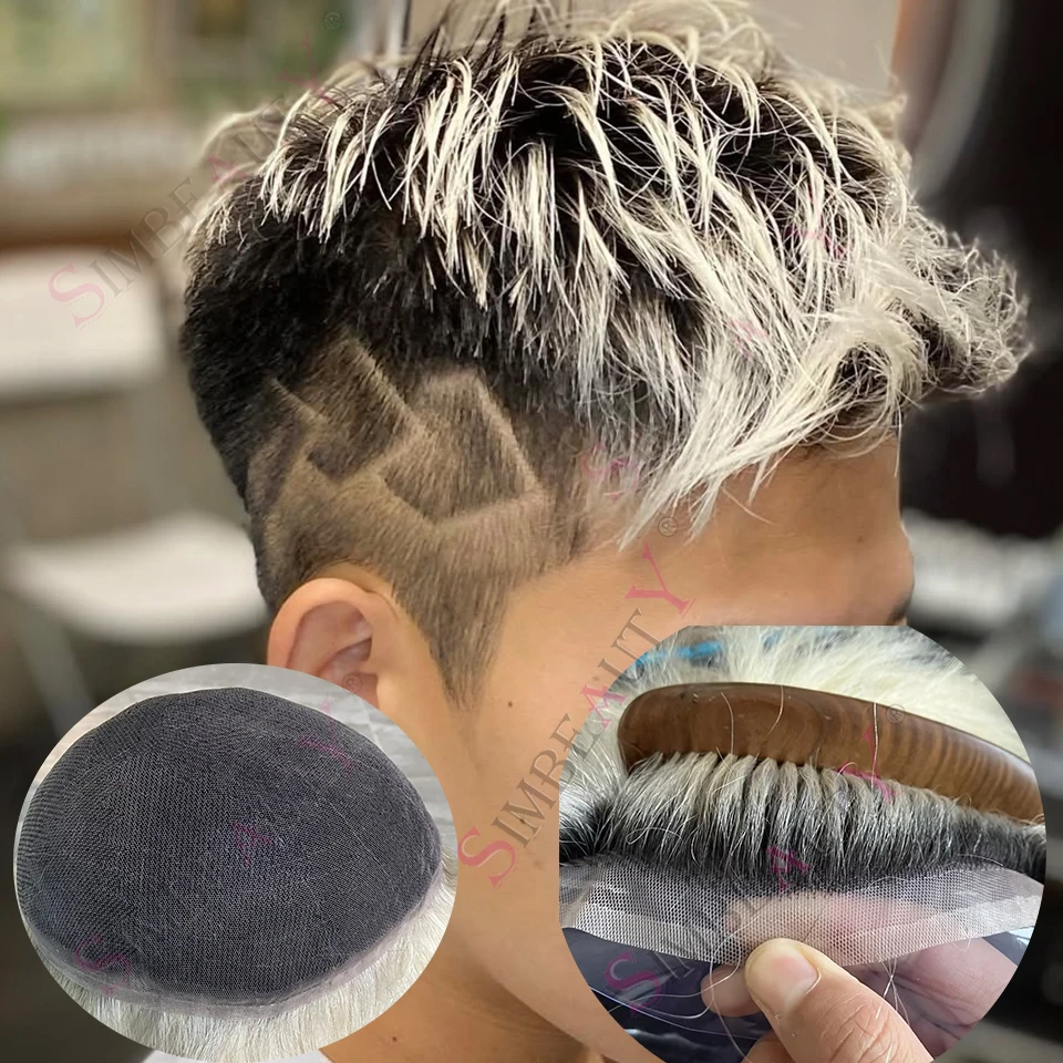 

Омбре платиновый блонд 60R # Мужской парик-система V-loop из 100% натуральных человеческих волос на швейцарской сетке, дышащий, прочный, с полиуретановой основой