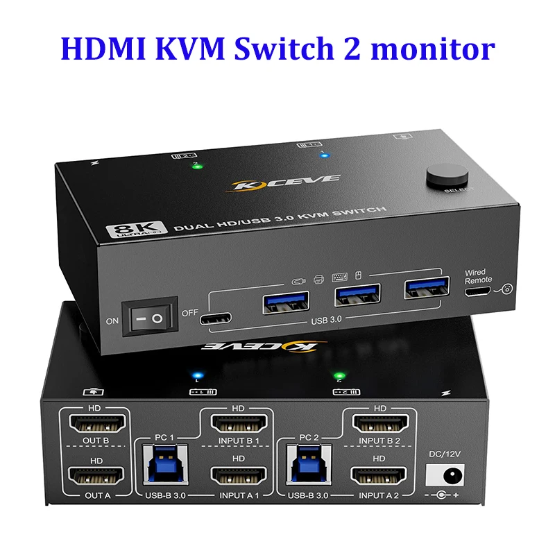 

KCEVE 8K KVM Switch 2 Computers 2 Monitors, Dual Monitor USB 3.0 HDMI KVM Switcher Box,Support 7680x4320@60Hz for 2 Computers