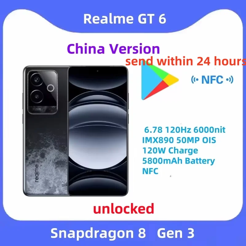 Unlocked realme GT 6 5G Smartphone Snapdragon 8 Gen 3 6.78'' 120Hz 6000nit Screen IMX890 50MP OIS 120W Charge 5800mAh Battery