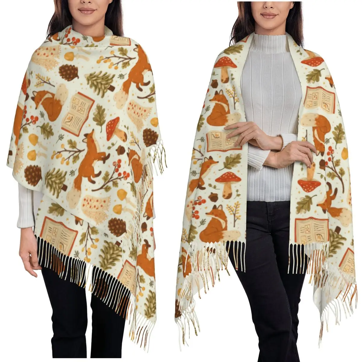 Cozy Winter Woodland Mushroom Scarf Tassel Scarves for Women Soft Warm Shawls and Wraps Long Fall Winter Shawl Wrap